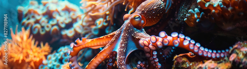 Octopuses exploring coral crevices, close-up, free space