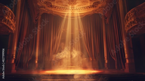Opera singer on a grand stage with dramatic lighting, empty stage edge for copy, Opera, Digital art