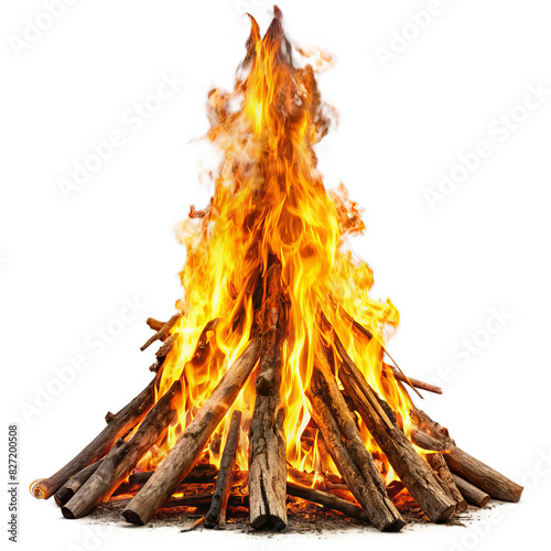 Big blazing bonfire with flames and wooden logs isolated on white transparent background, png element