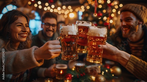 A group of friends clinking their beer glasses together in a lively pub with festive decorations