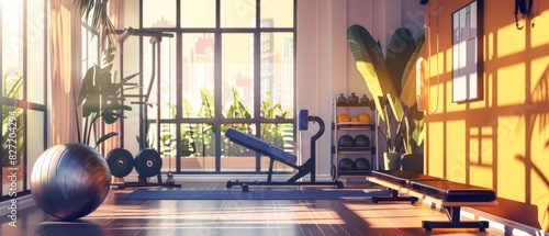 Produce a vibrant, digital illustration of a sleek home gym setup with modern equipment bathed in natural light for a motivating workout atmosphere