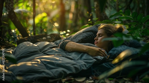 A woman is sleeping on a bed in the woods