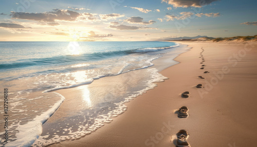 Single set of footprints leading down a serene sandy beach, gentle waves lapping at the shore, soft morning light, realistic photography, high detail, peaceful tranquility