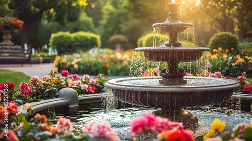 Tranquil capture of a garden with a fountain surrounded by vibrant flowers at sunset
