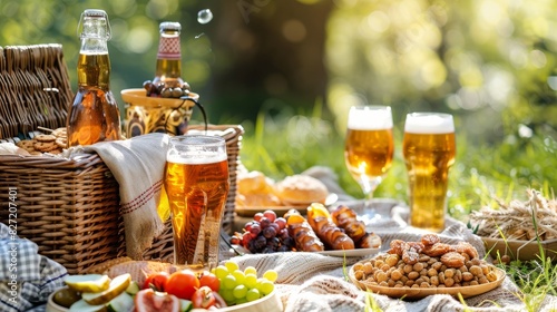 A scenic picnic setup with a cooler full of assorted beers, glasses, and picnic food on a sunny day