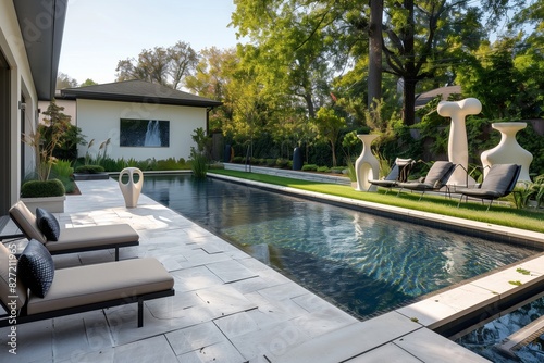 : A contemporary backyard pool area at dusk, featuring a sleek black-tiled pool, cozy outdoor fireplace, and minimalist outdoor seating with soft ambient lighting,