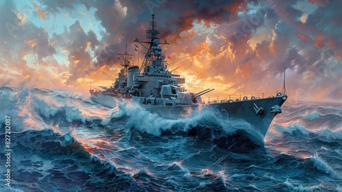 Blank-style depiction of a naval destroyer cutting through rough ocean waves, with a dramatic sky overhead