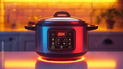 A 3D illustration of a digital slow cooker, with its modern design and intuitive controls, set against a bright, single-color background to highlight its features.