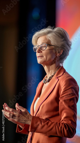 Elegant senior female ceo in a coral blazer stands confidently while delivering an inspiring keynote speech at a corporate event
