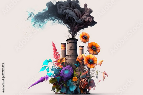 Ecology pollution, smoke from a pipe with flowers, white background. AI generated.