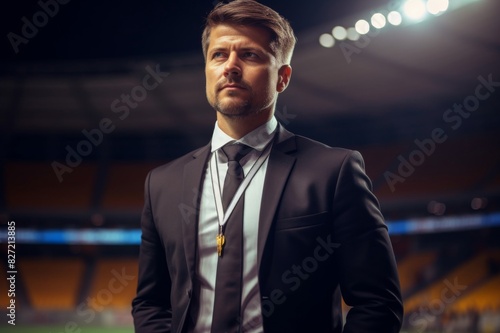male soccer coach stands with assertive posture in a stadium while watching his team