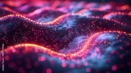 An AI-powered data stream visualization, highlighting the pathways of information transfer within a neural network, set against a neon-colored, bokeh-enhanced digital landscape.