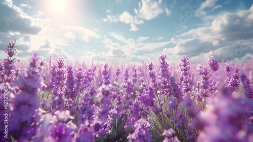 A field of lavender under a bright sky