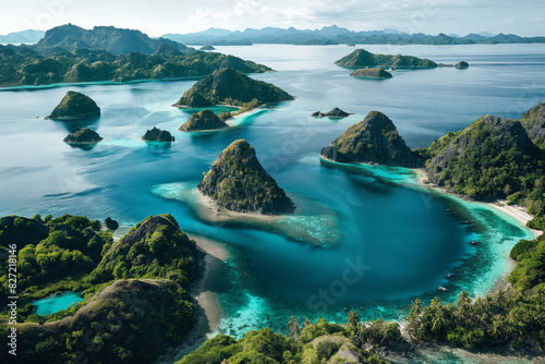 Aerial view of a breathtaking tropical archipelago with crystal-clear waters and lush greenery