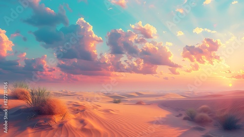 A desert landscape with sand dunes and a colorful sky