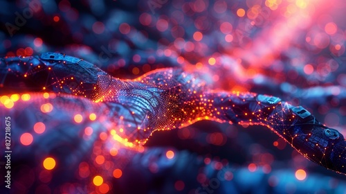 A creative depiction of cybersecurity measures, showing digital locks and encrypted pathways within a neural network, illuminated by a spectrum of colors against a bokeh-rich backdrop.