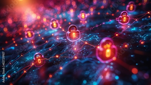 A vibrant illustration of cybersecurity systems, featuring digital locks and encrypted data streams within a neural network, highlighted by a bright, colorful bokeh background.
