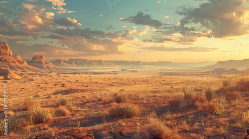 A desert landscape with distant mesas