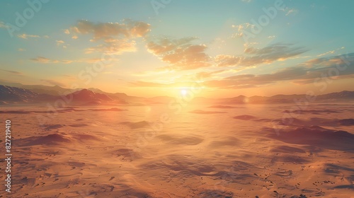 A desert landscape at dawn with a clear sky