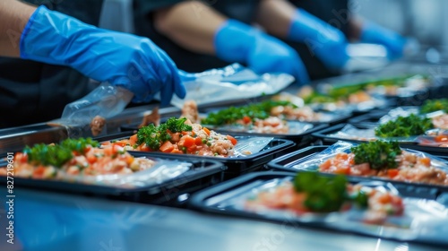 a close-up view of a meal preparation process with multiple black food trays being filled with diced vegetables and chicken