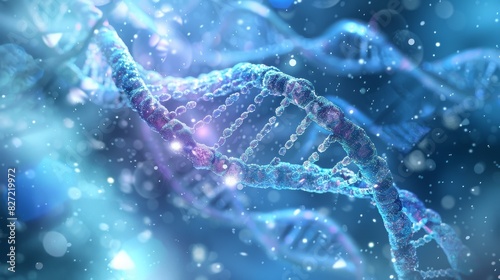a 3D rendering of a DNA strand on a dark blue background. gene therapy, with modified DNA being introduced into cells.