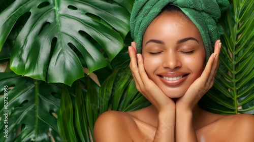 A woman holding their face spa day with a facial treatment with large green monstera leaves in the background.