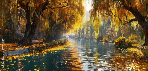  A network of winding canals lined with weeping willows adorned in golden foliage, sunlight dappling the water's surface. 