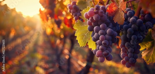  A network of winding vineyards draped in colorful autumn foliage, ripe grapes hanging heavy from the vines bathed in the warm afternoon sun. 