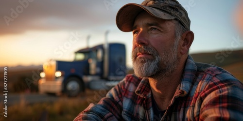 A trucker is sitting on the side of the road, looking out at the sunset. He is wearing a hat and a plaid shirt. There is a semi truck in the background.