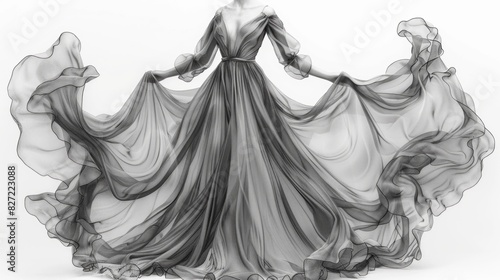 Fashion sketch of a blank maxi dress mockup in elegant evening style