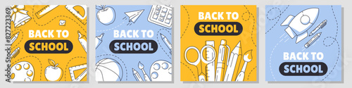 Set of back to school square poster, vector minimalist design with school supplies, stationery, line icons. Education, learning, knowledge concept. For social media, banner, flyer, web, post