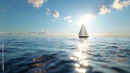 A calm ocean with a sailboat on the horizon