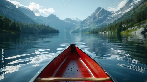 A canoe gliding across a glassy lake