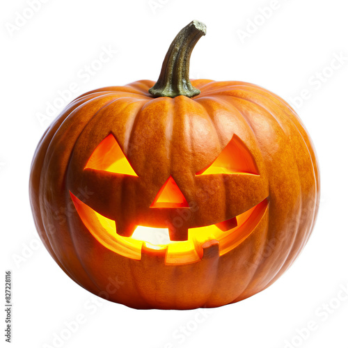 Halloween pumpkin lantern with carved face and glowing eyes, isolated on white transparent background, png element