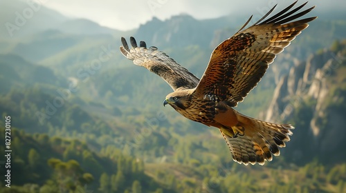A bird of prey soaring over a valley