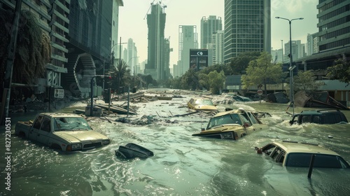 massive flooding submerging city streets and buildings after extreme weather event, devastating urban flood disaster, climate change awareness