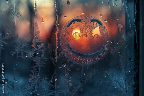 Smiley face drawn on frosty window with snowflakes in background, Happy emoticon symbol