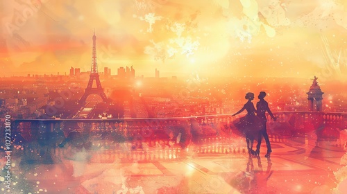 Traditional French dance with Paris 2024 backdrop, twilight, watercolor, soft hues