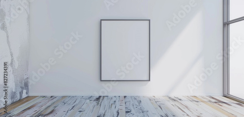 Empty room with a blank frame on a white wall and a plywood floor. High-definition 3D render, ultra realistic.