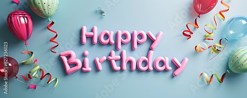 Happy Birthday written with beautiful stylish letters on a plain steel blue background with colorful balloons in the corner