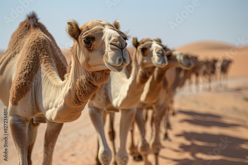 A group of camels gathered together in the desert under the sky