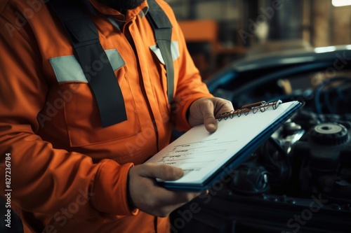 Unrecognizable auto mechanic going through checklist. Unrecognizable mechanic writing car checklist while working in auto repair shop