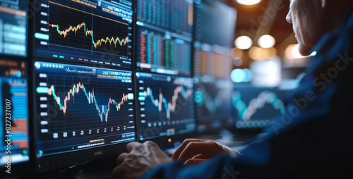 Focused professional examining complex financial markets on high-tech screens. Intensity of stock trading. Concept of market analysis, trading floor activity, investment management, financial insight
