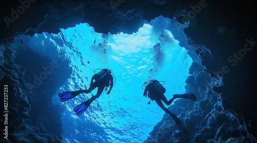 Oceanic underwater divers tunnel through cliffs in the depths of the sea. Generative Ai.