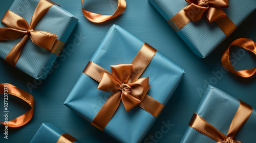 Elegant blue gifts with gold ribbons on a blue background