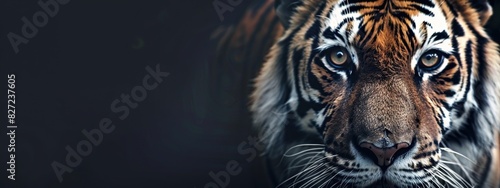 Close up of the eyes and face of an orange tiger, in the digital art style. Copy space for add text. Generative Ai.