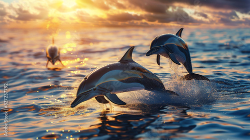 a tranquil seascape with a pod of dolphins playing in the shimmering waters at sunrise