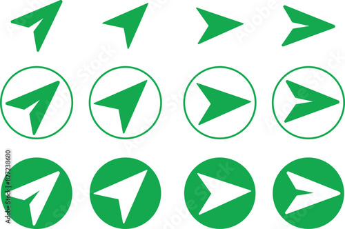 Green Direct message or DM icons Set. Fill Messages send icons. Plane origami send icons for website designs. Send post or mail or email arrows icons collection isolated transparent background.