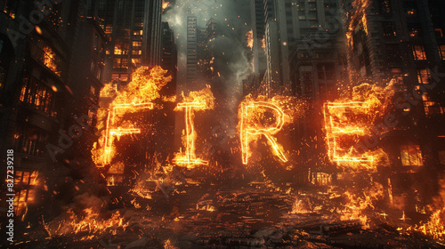 燃える都市と炎でできたFIREの文字