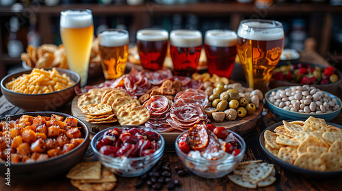 Table full of tasty snacks and beer